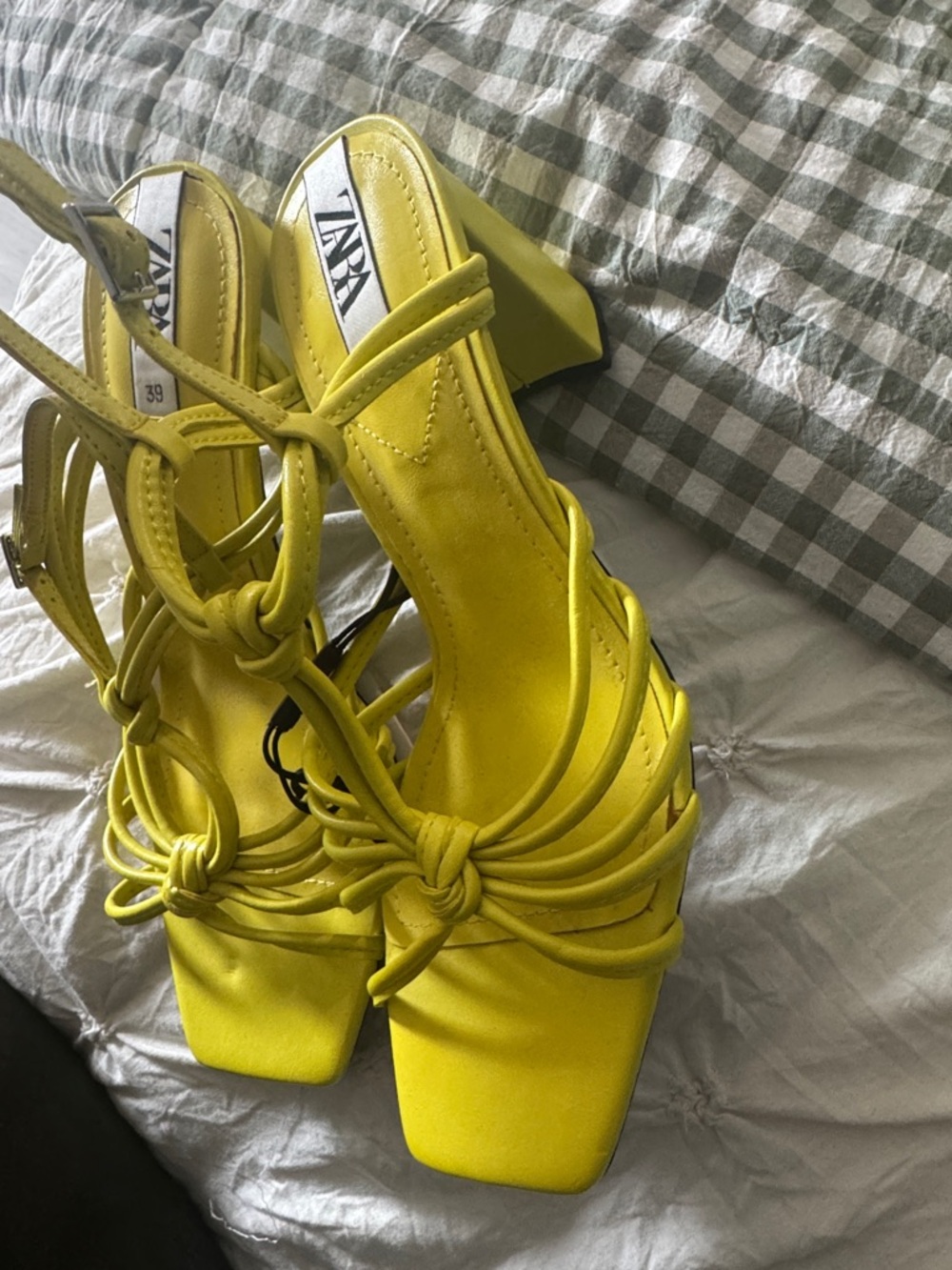 ZARA Bright Yellow Knot-Strap Block Heel Sandals